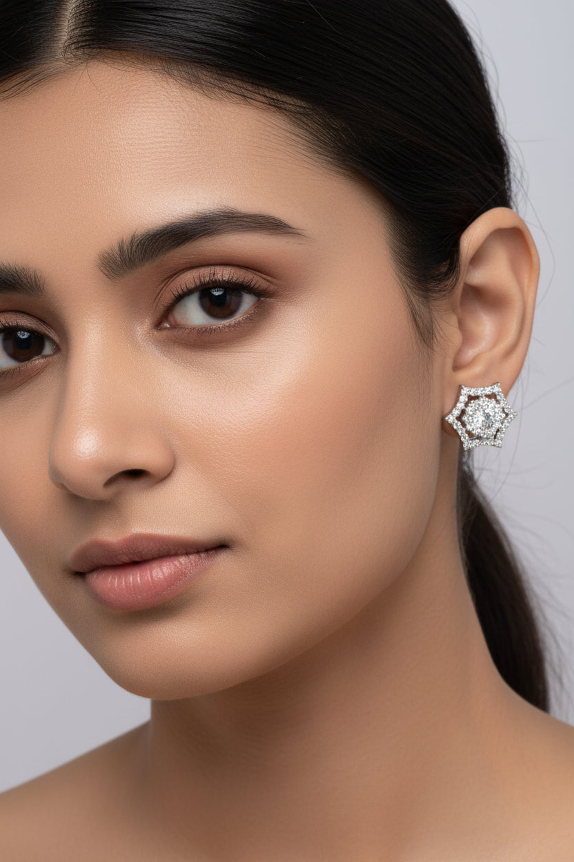 92.5 Silver Geometric Floral Halo Stud Earrings for Women
