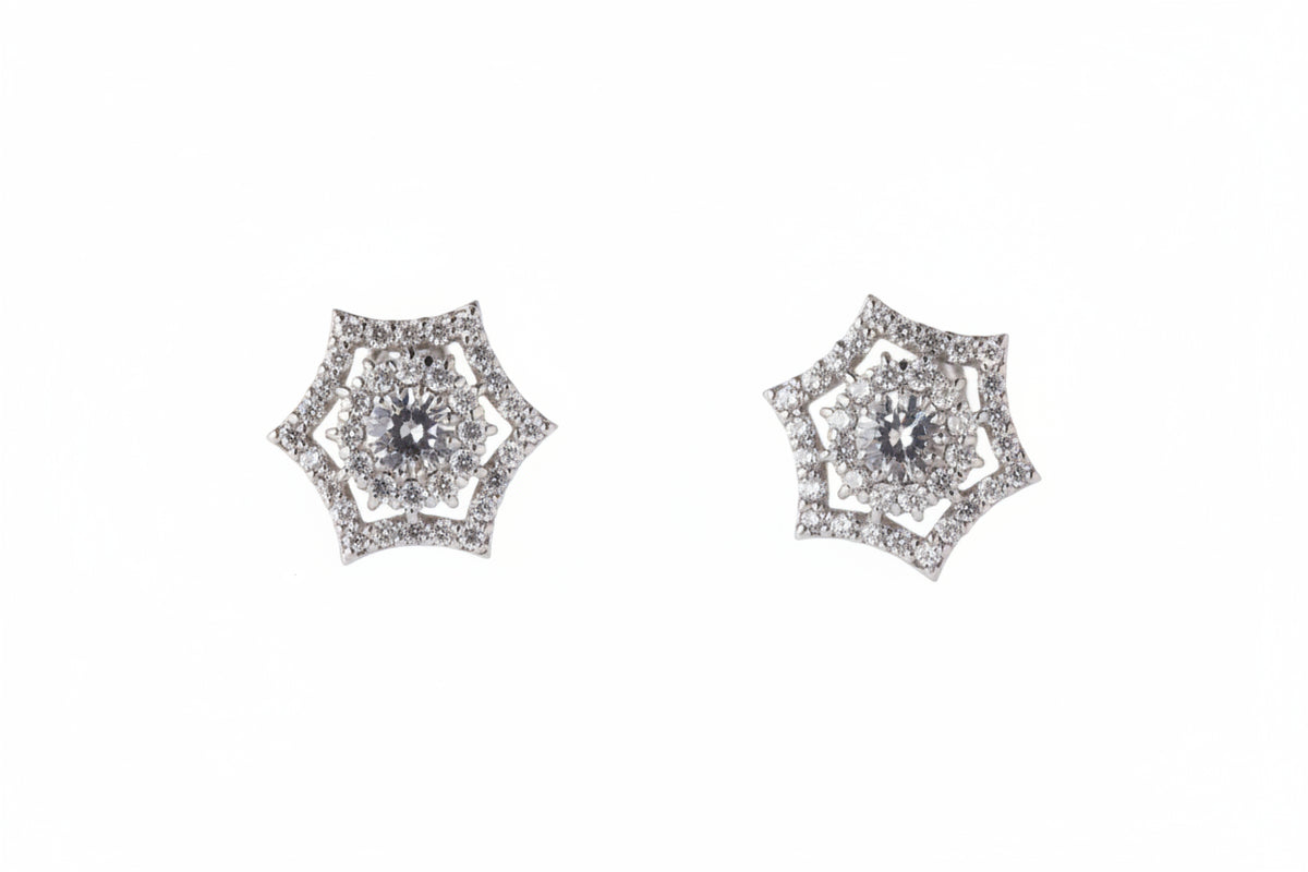 92.5 Silver Geometric Floral Halo Stud Earrings for Women