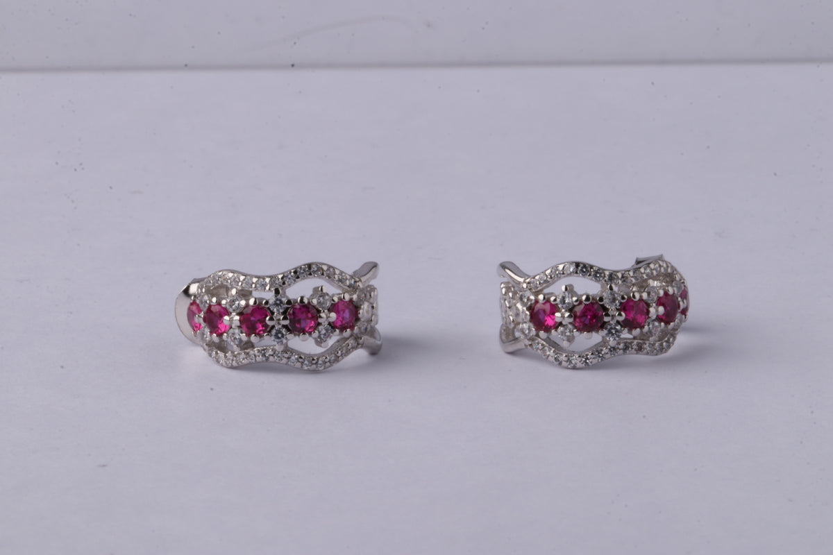 92.5 Silver Pink Stone Curved Hoop Earrings for Women