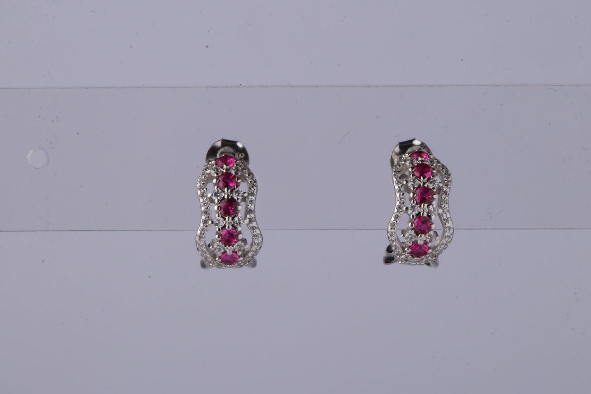 92.5 Silver Pink Stone Curved Hoop Earrings for Women