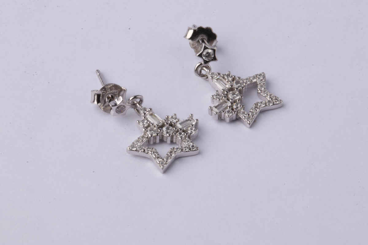 92.5 Silver Star Drop Earrings with Baguette Crystal Detailing for Women