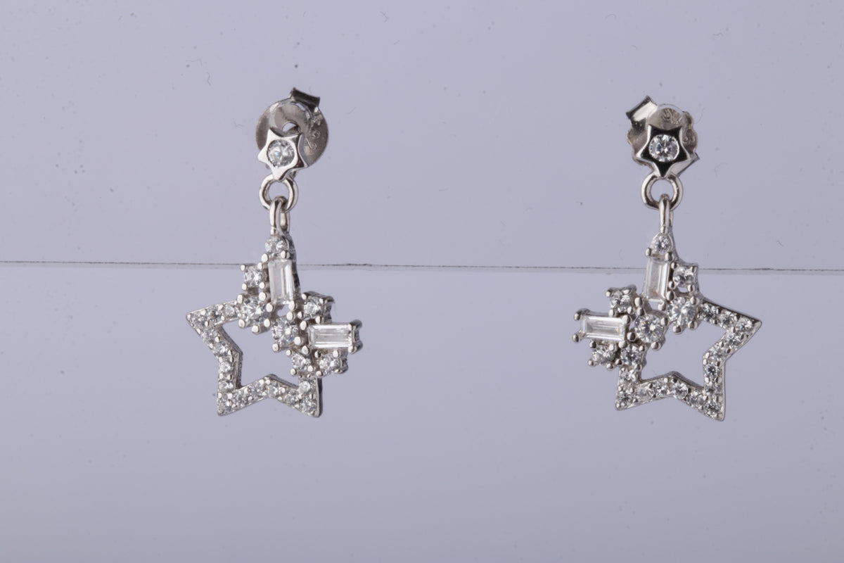 92.5 Silver Star Drop Earrings with Baguette Crystal Detailing for Women