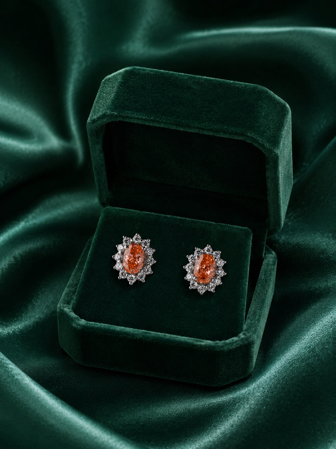 92.5 Silver Oval Peach Stone Stud Earrings for Women