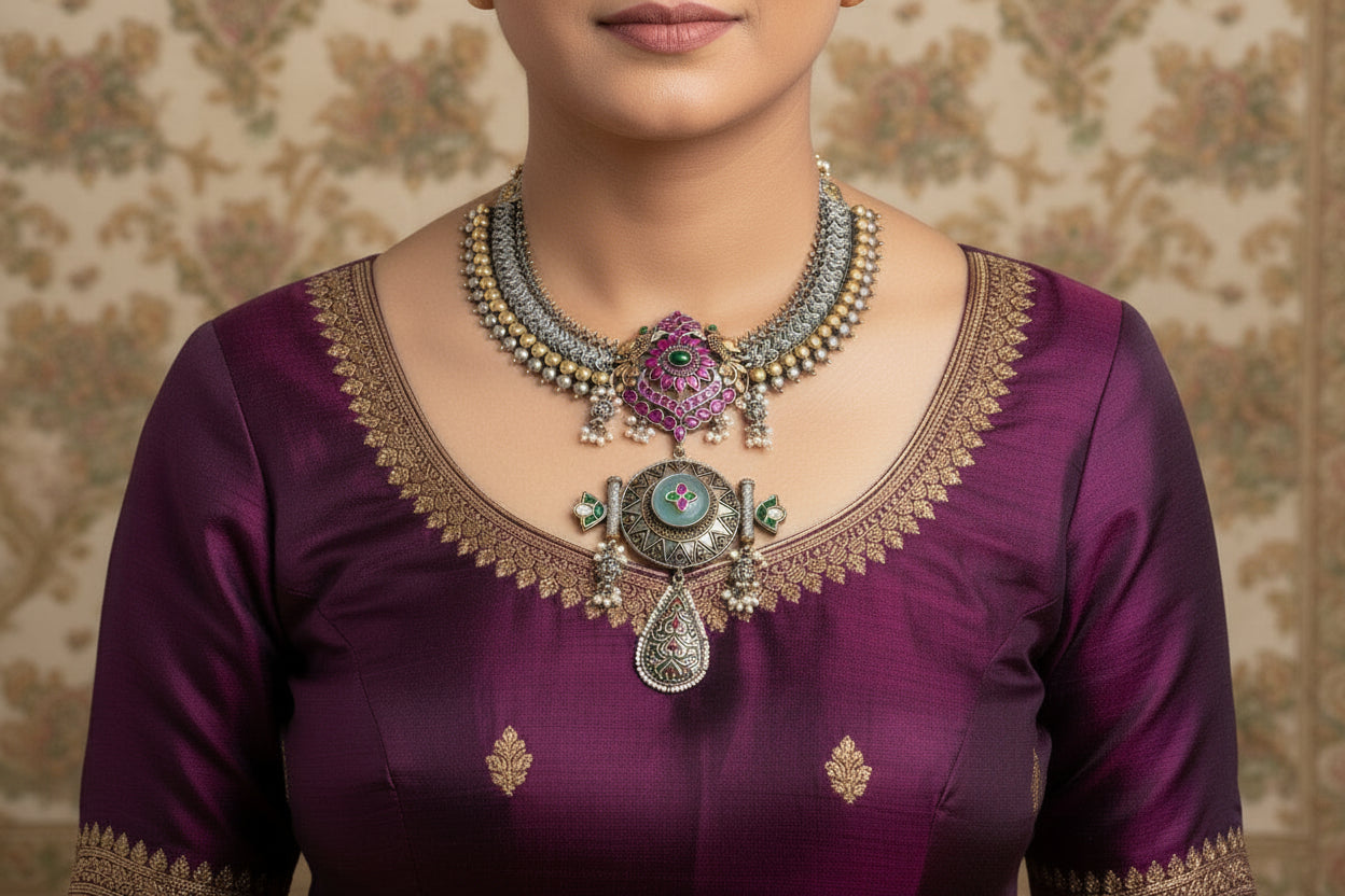 Pure 925 Silver Necklace - Intricate Nakshi Enduring Festive Wear