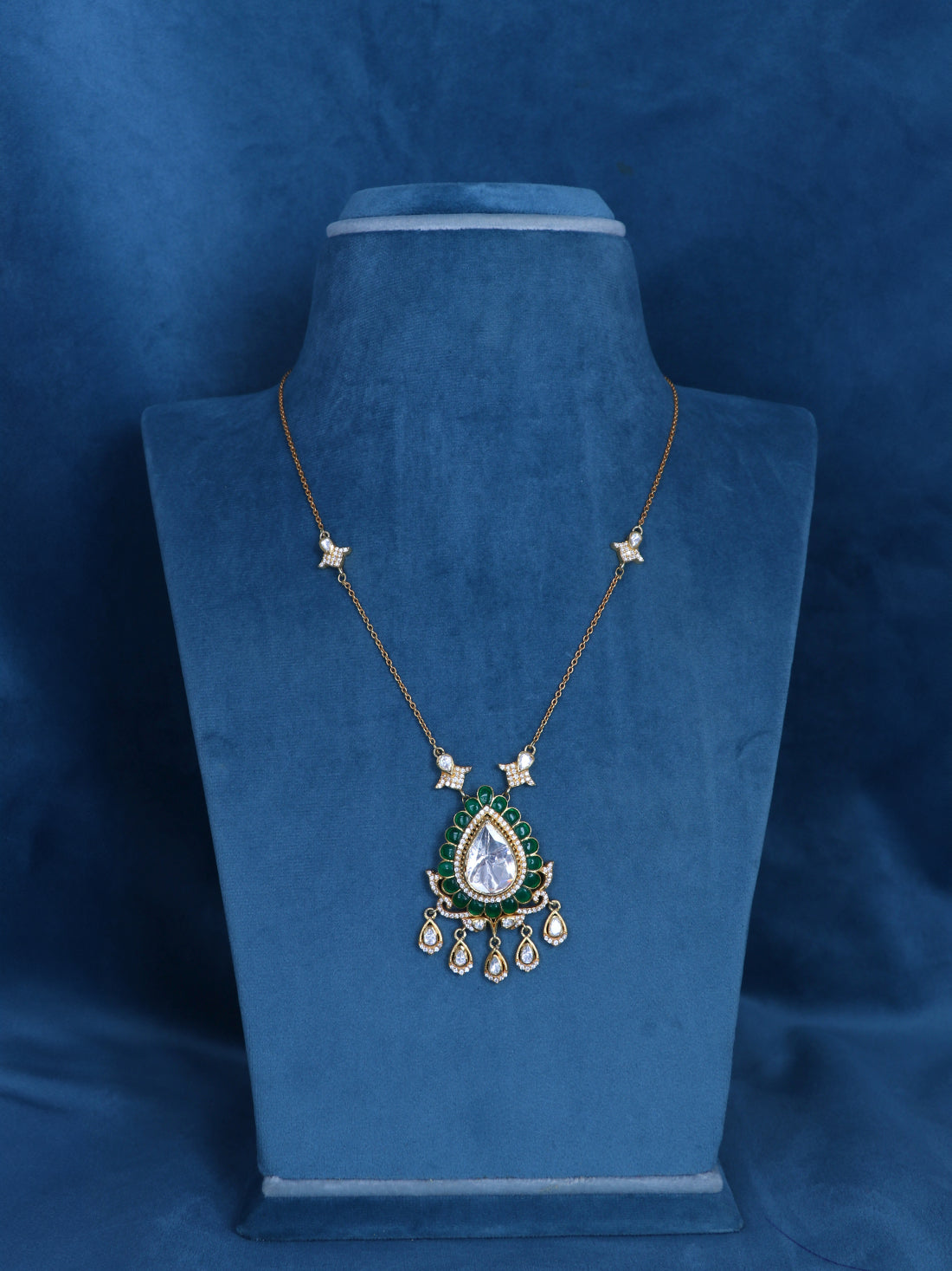 Green Teardrop Kundan 92.5 Pure Silver Necklace