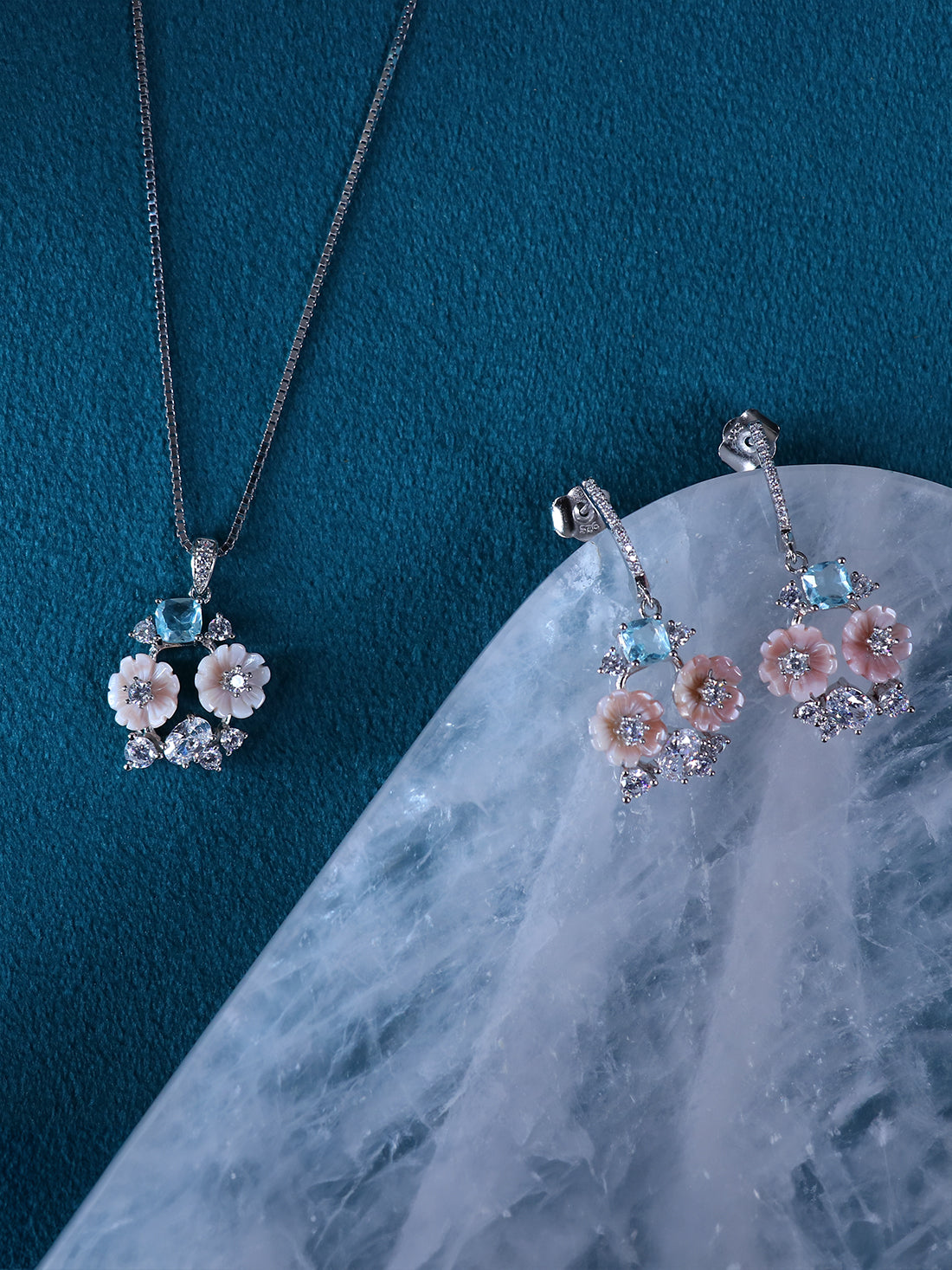 Floral Blue Stone 92.5 Pure Silver Pendant Set with Chain