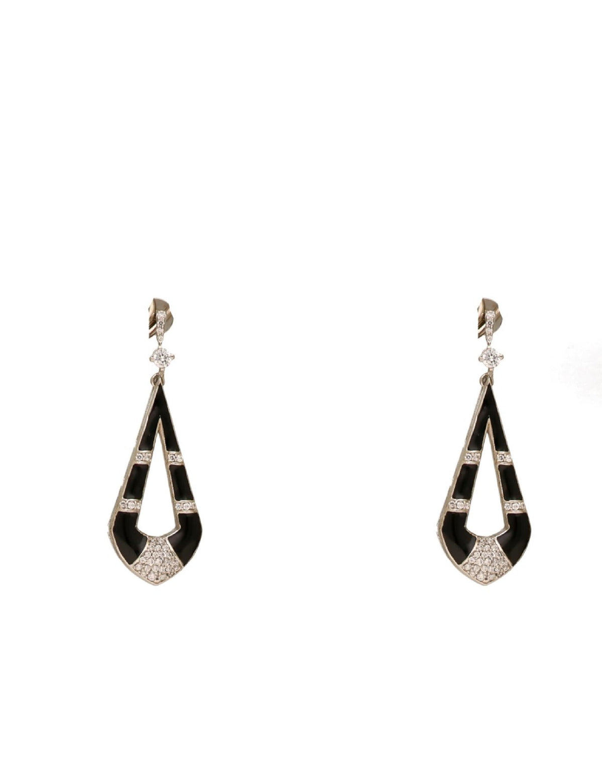 Black enamel silver drop earrings with geometric detailing and sparkling crystal accents by Argentum Arts.