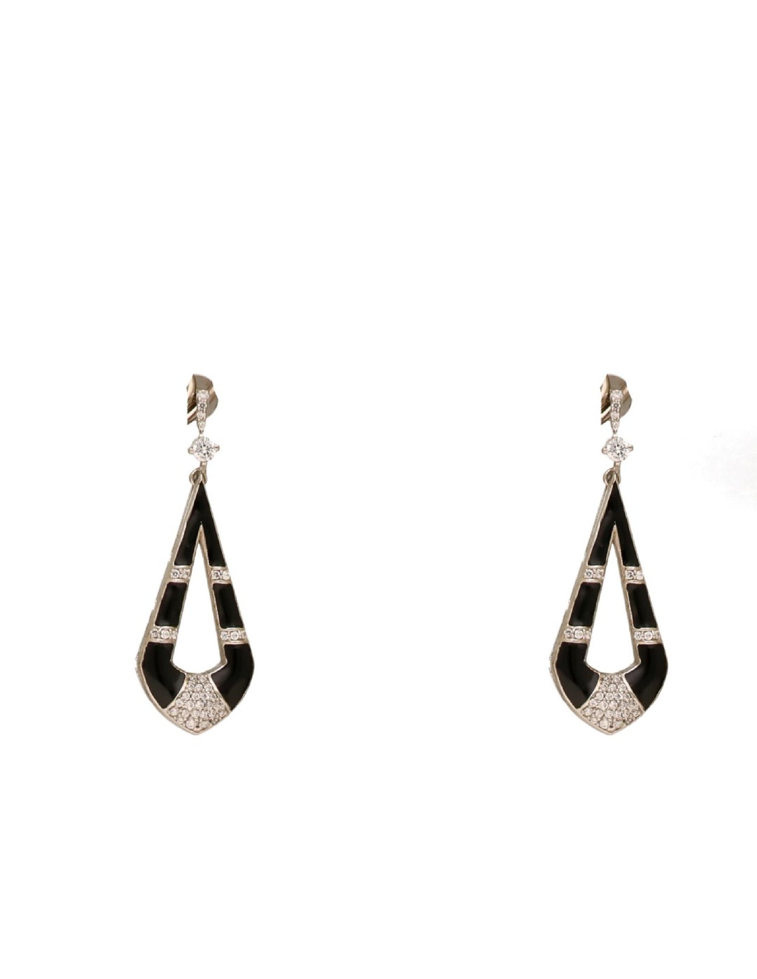 Black enamel silver drop earrings with geometric detailing and sparkling crystal accents by Argentum Arts.