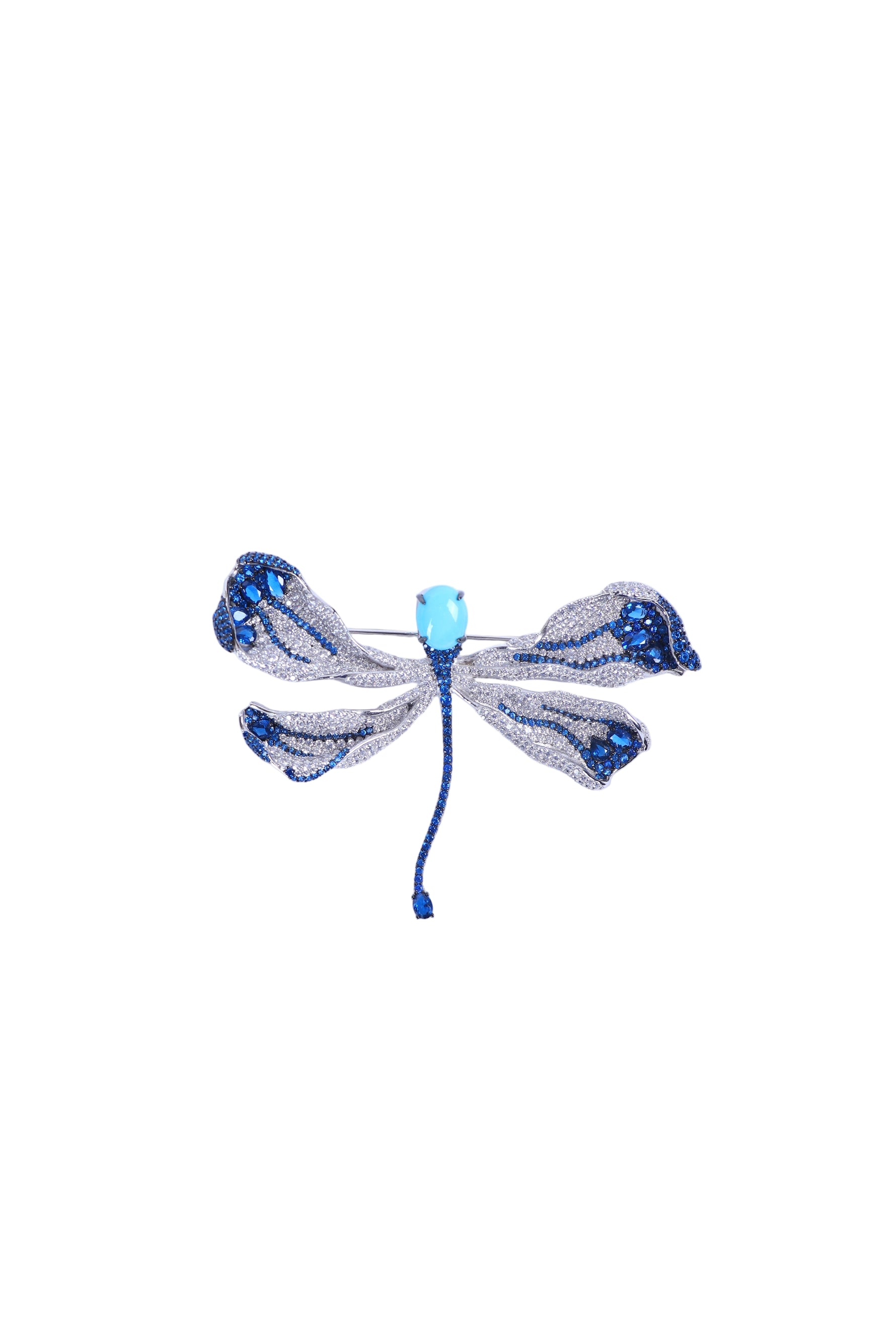 Blue and silver bow rhinestone brooch with light-blue center bead and dangling thread