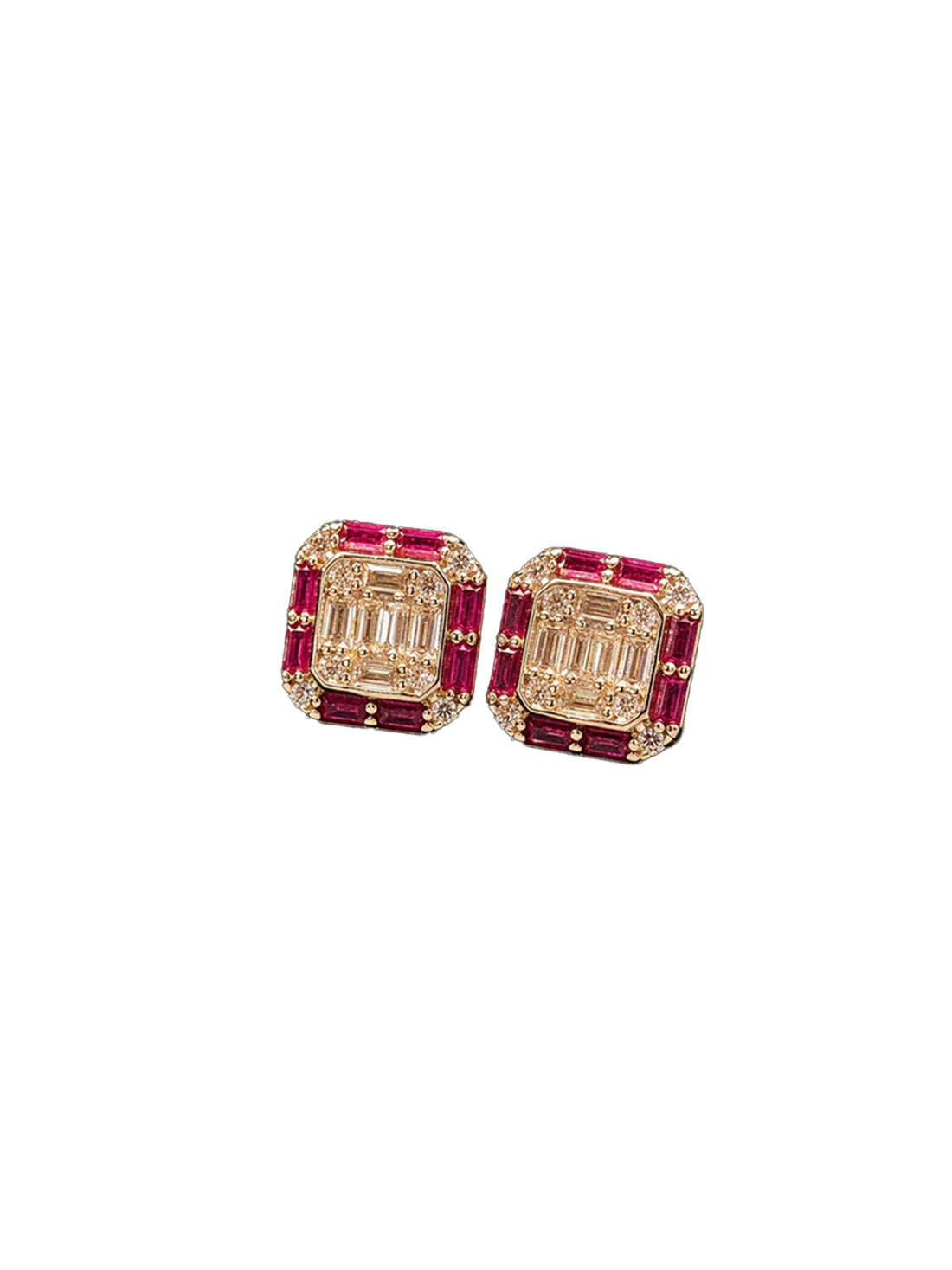 Buy designer silver earrings for women with octagon studs and pink stones with clear crystals.