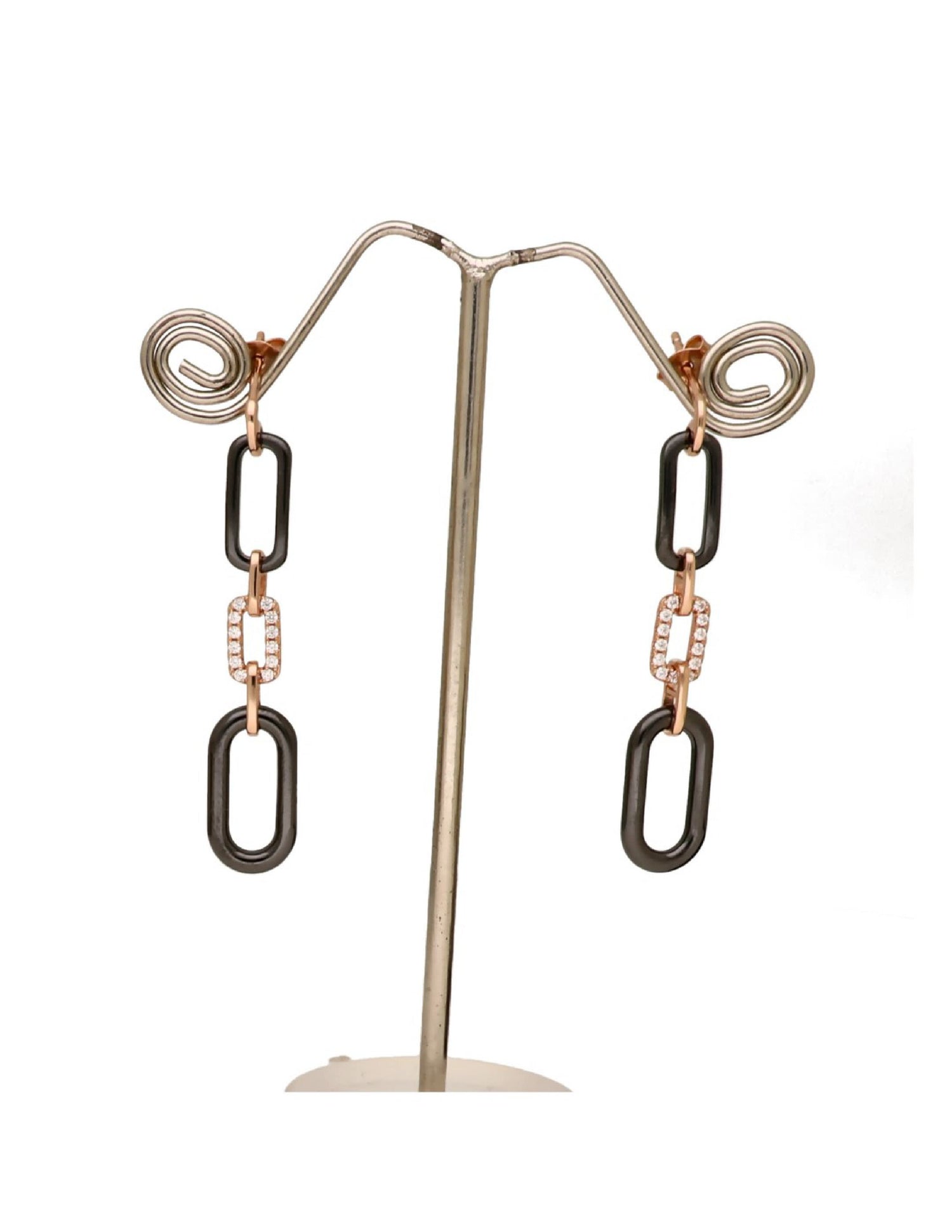 Buy women’s silver drop earrings with black geometric links and a rose-gold finish online.