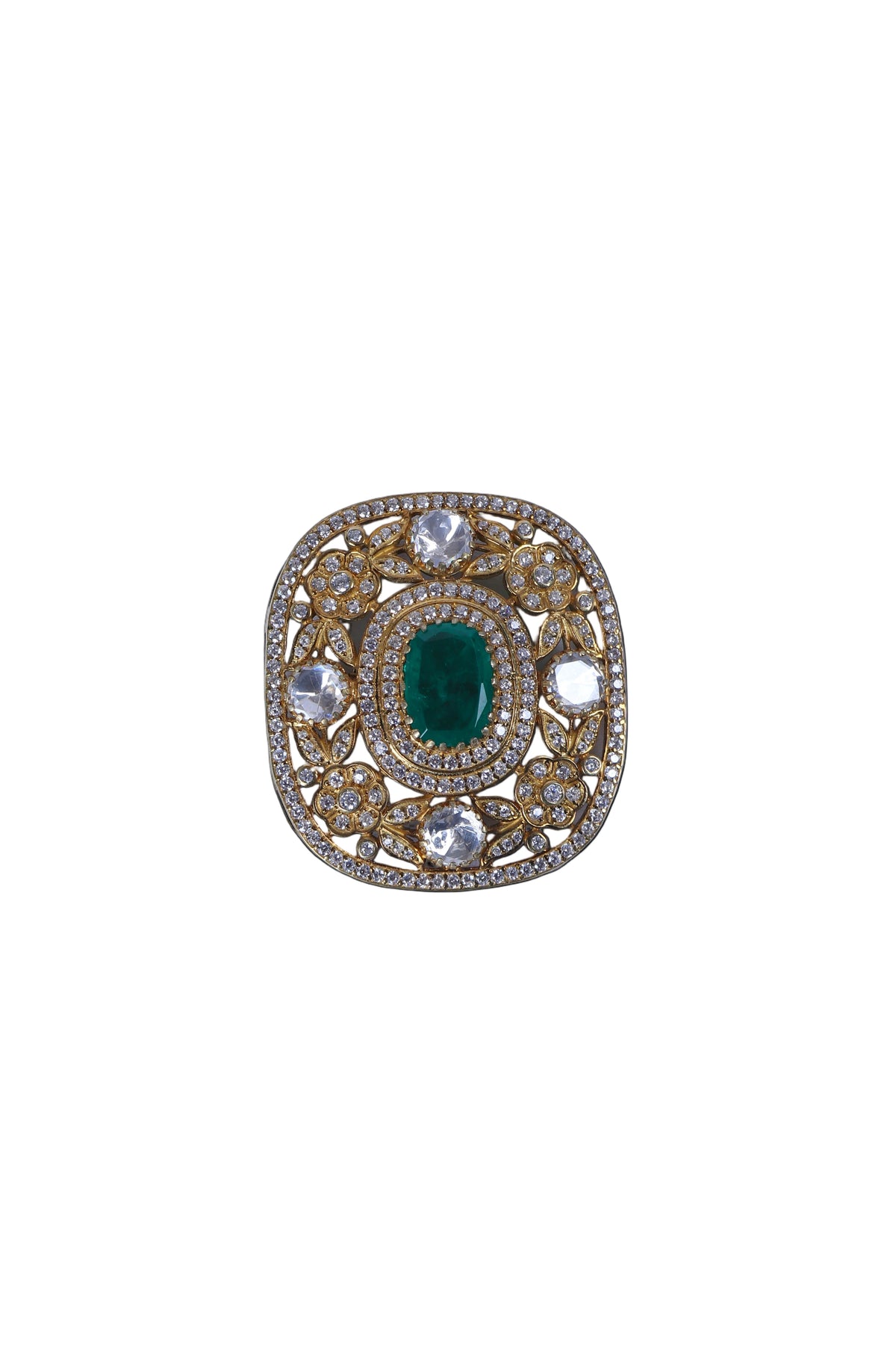 Buy designer silver brooch for men with green stone and clear crystal detailing.