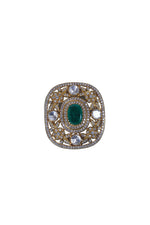 Buy designer silver brooch for men with green stone and clear crystal detailing.