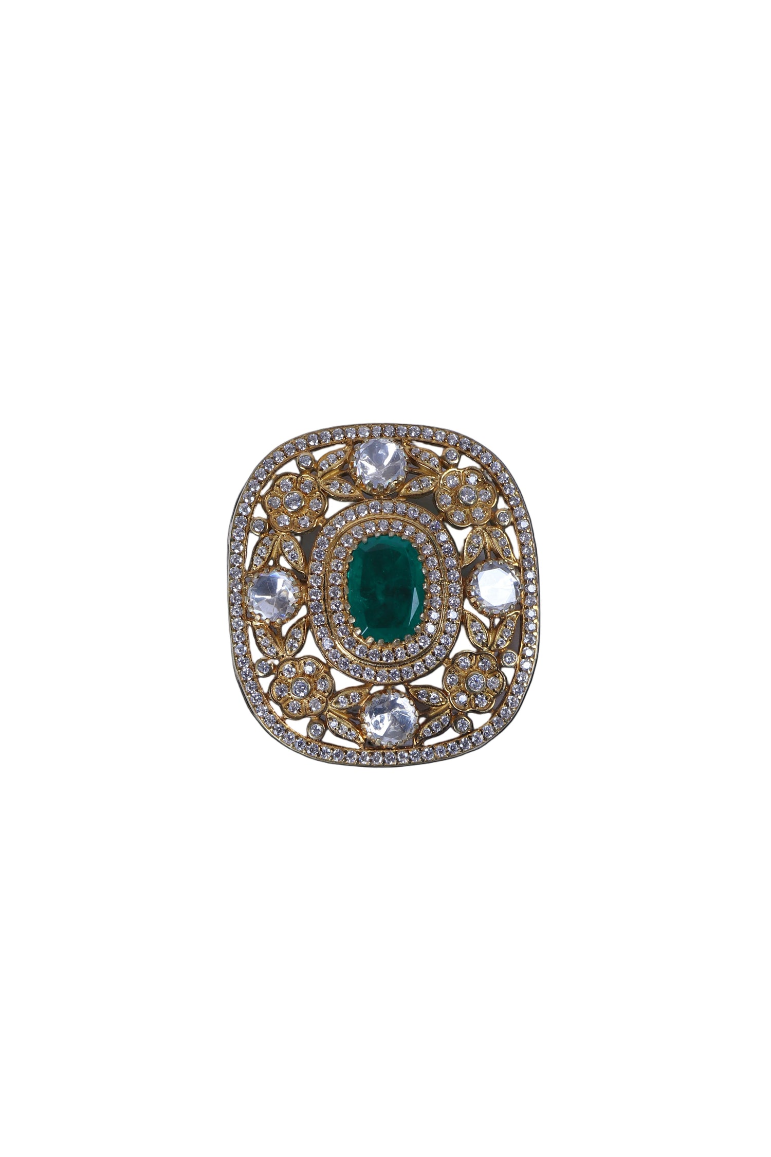 Buy designer silver brooch for men with green stone and clear crystal detailing.
