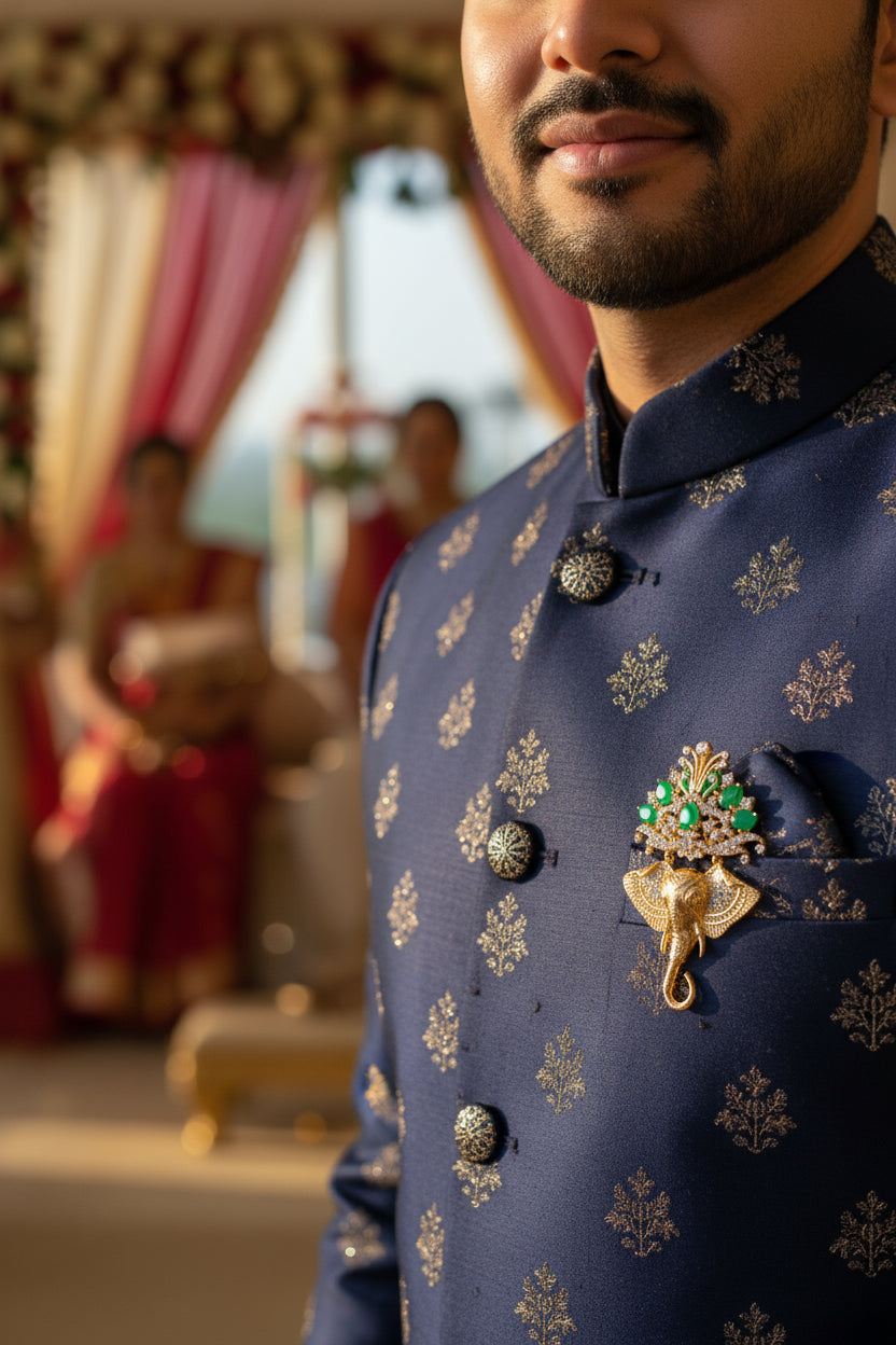 Buy designer silver brooch for men with Ganesha motif and green stone detailing for sherwani.
