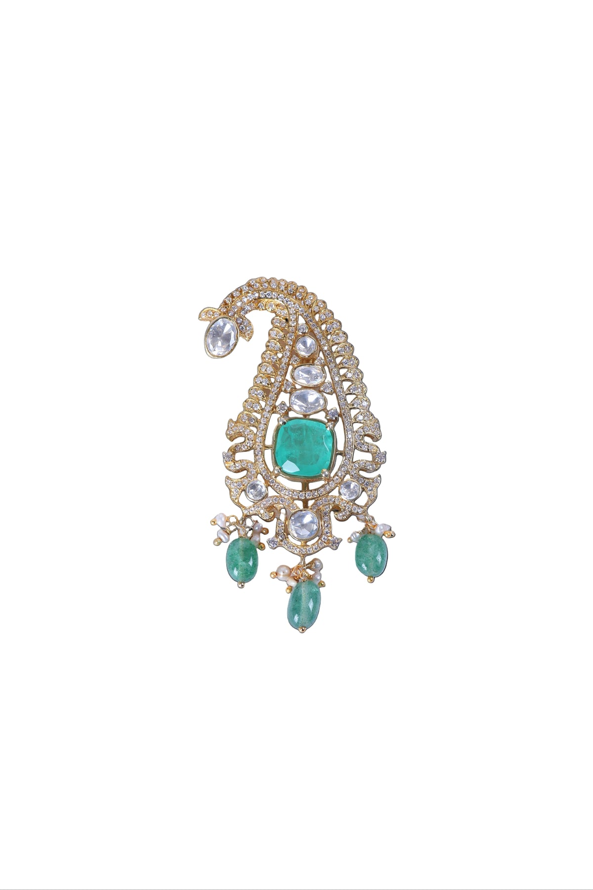 Ornate teardrop brooch in silver-tone with turquoise center stone and dangling drops