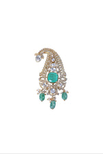 Ornate teardrop brooch in silver-tone with turquoise center stone and dangling drops