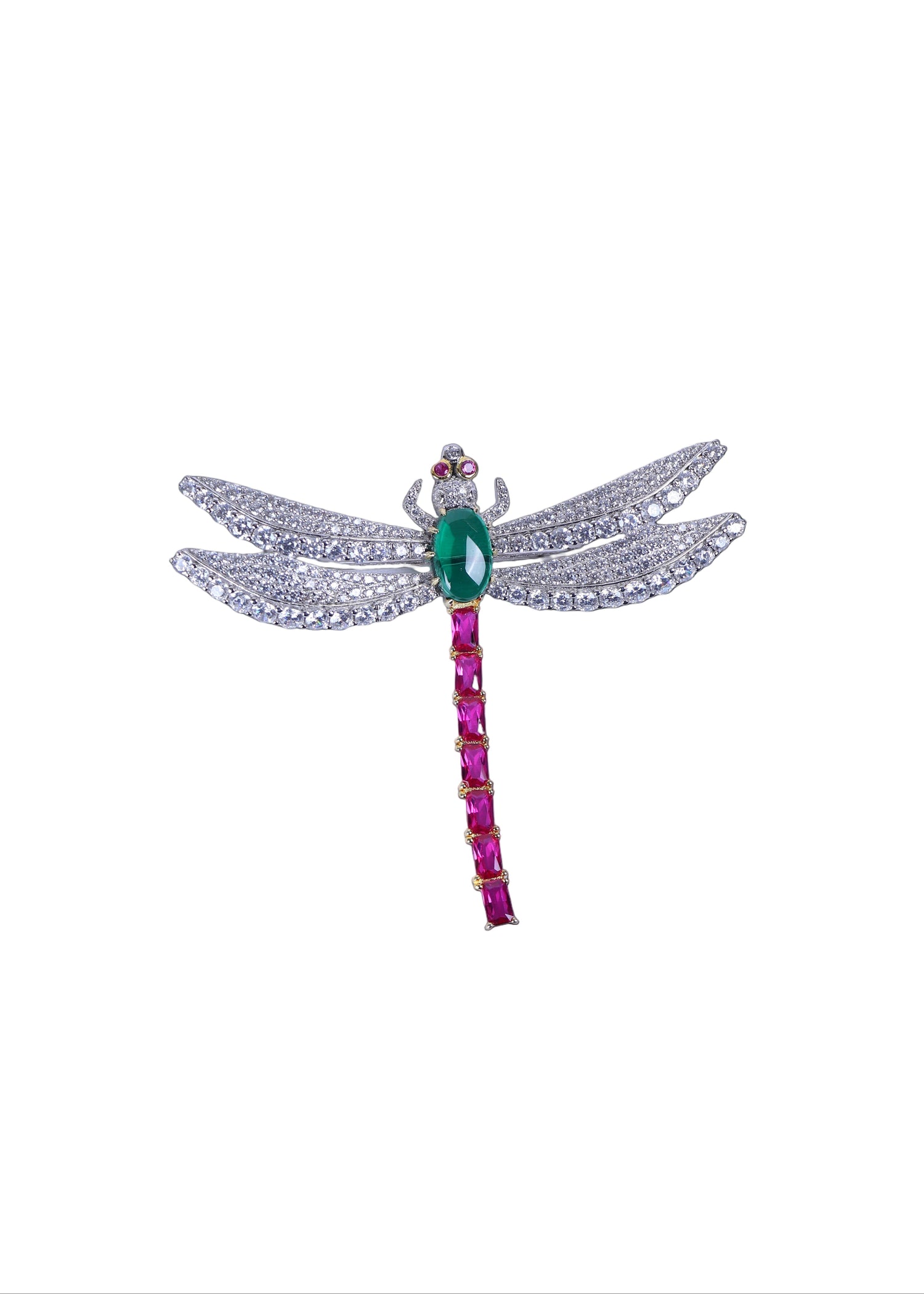 Buy designer silver brooch for men with wing design and green and pink stones.