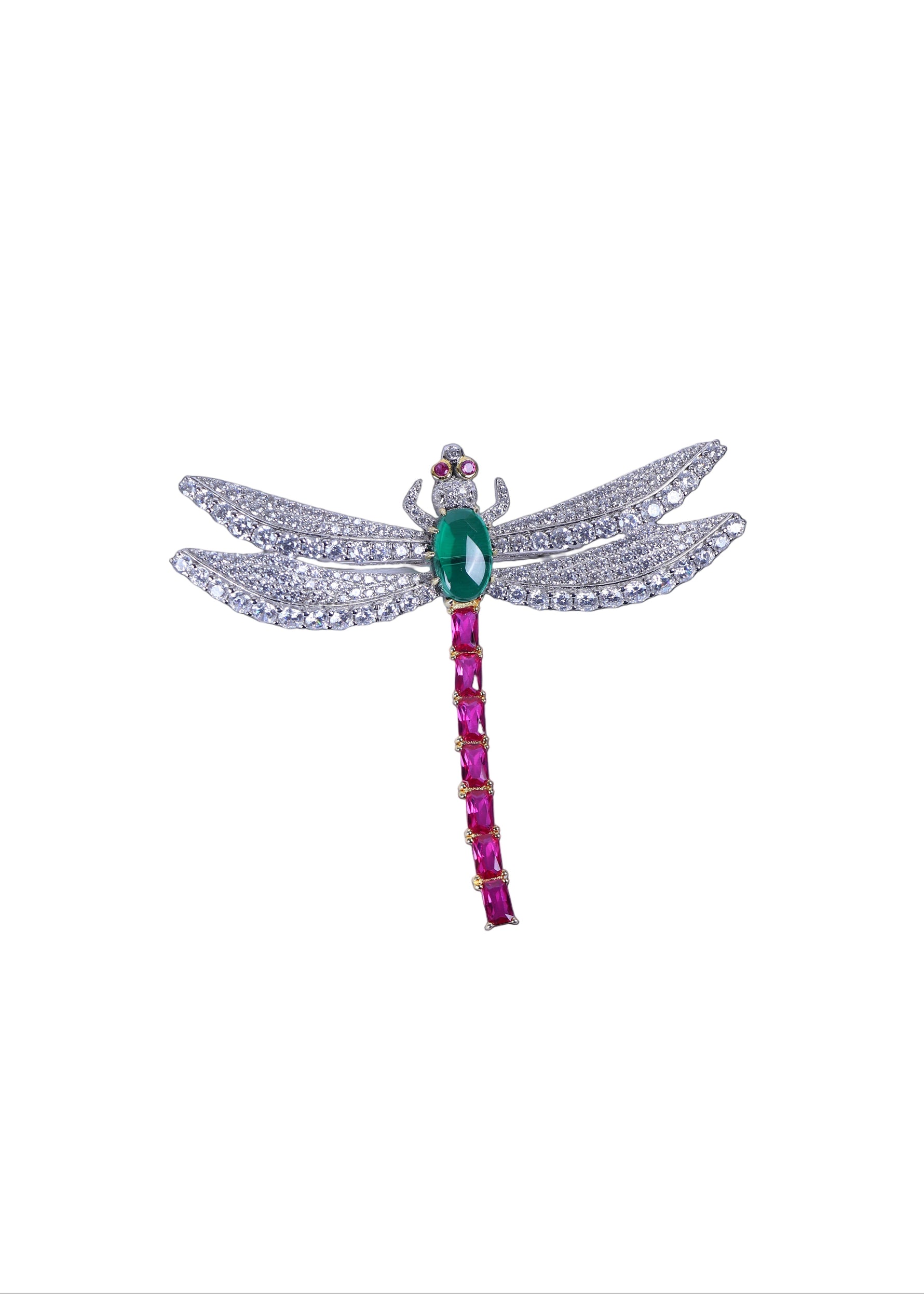 Buy designer silver brooch for men with wing design and green and pink stones.