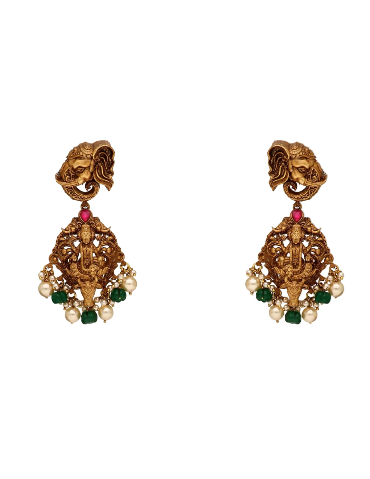 Buy women’s silver earrings with an ornate Ganesha temple design, green beads and pearl drops online.
