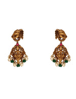 Buy women’s silver earrings with an ornate Ganesha temple design, green beads and pearl drops online.