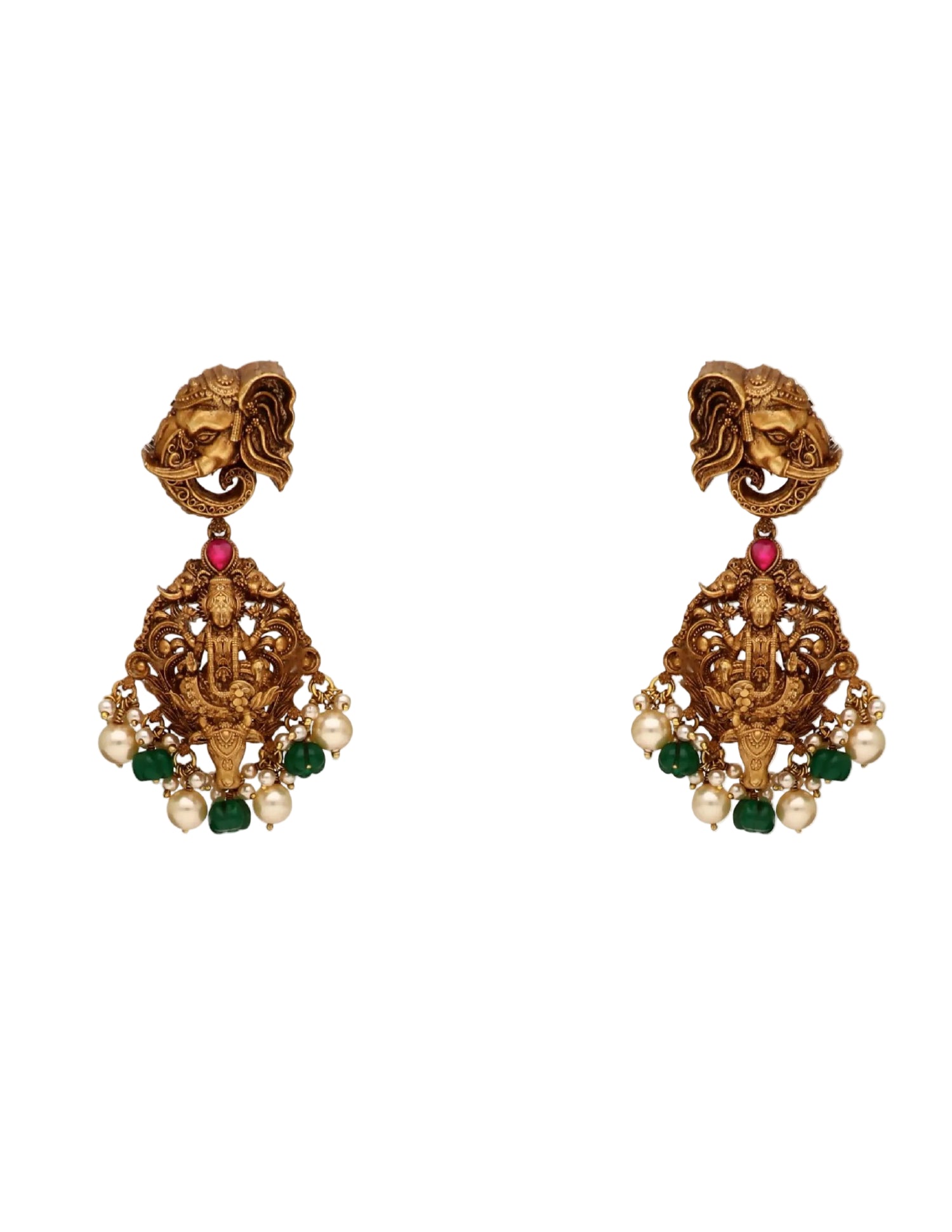 Buy women’s silver earrings with an ornate Ganesha temple design, green beads and pearl drops online.