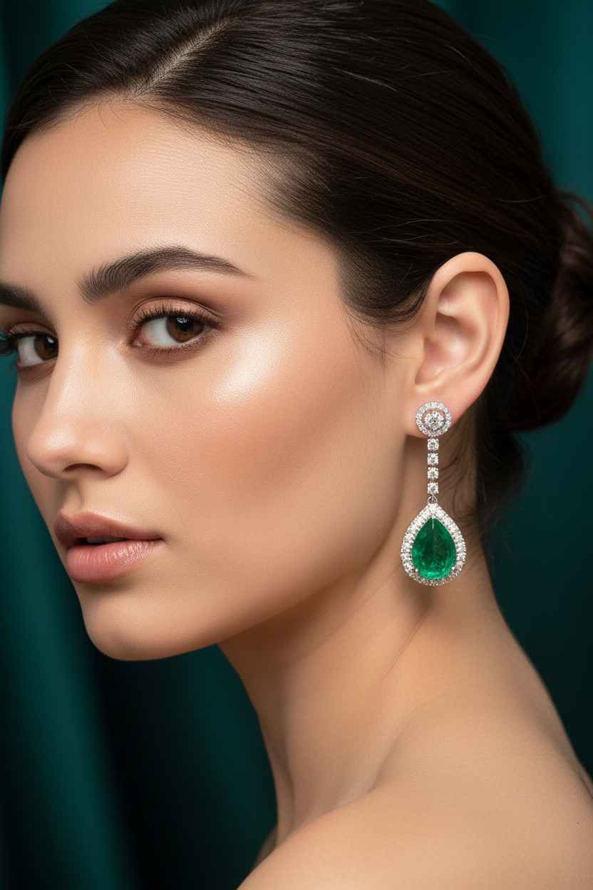 Woman wearing statement silver drop earrings with emerald-green stones and sparkling crystal borders.