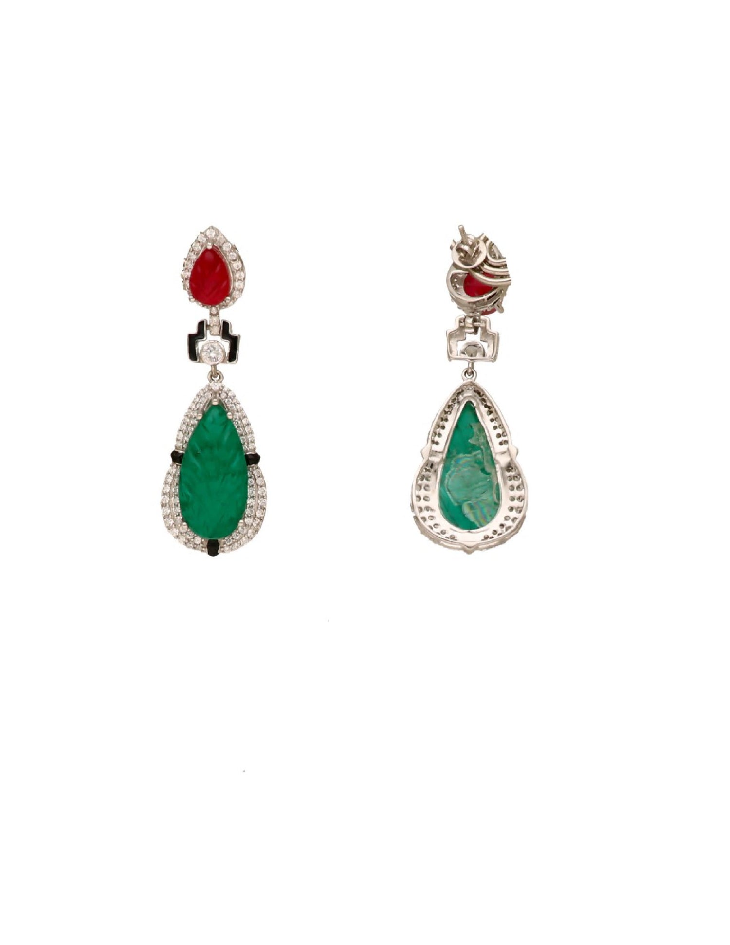 Buy women’s silver drop earrings with ruby-red and emerald-green coloured stones online