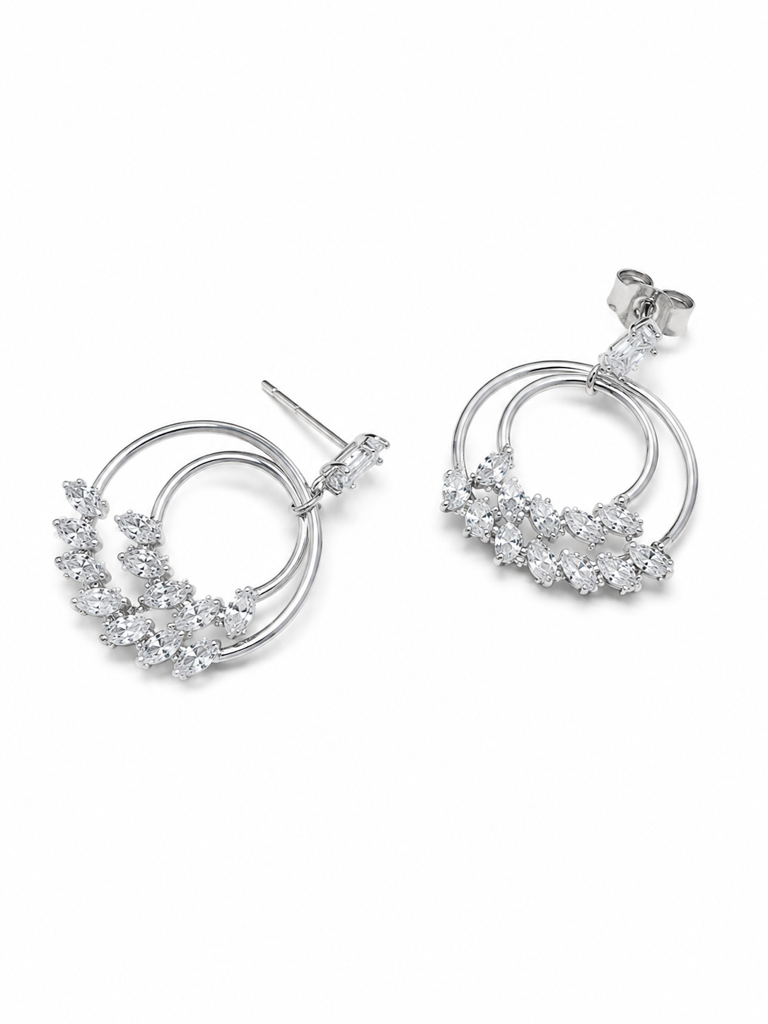 Buy women’s silver hoop earrings with layered circular rings and sparkling white stone clusters online.