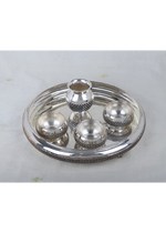 Silver-plated pooja thali set with kalash finial and four bowls on round tray