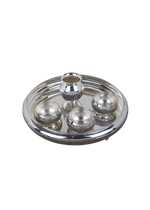 Round silver-plated pooja thali tray with kalash and four small bowls
