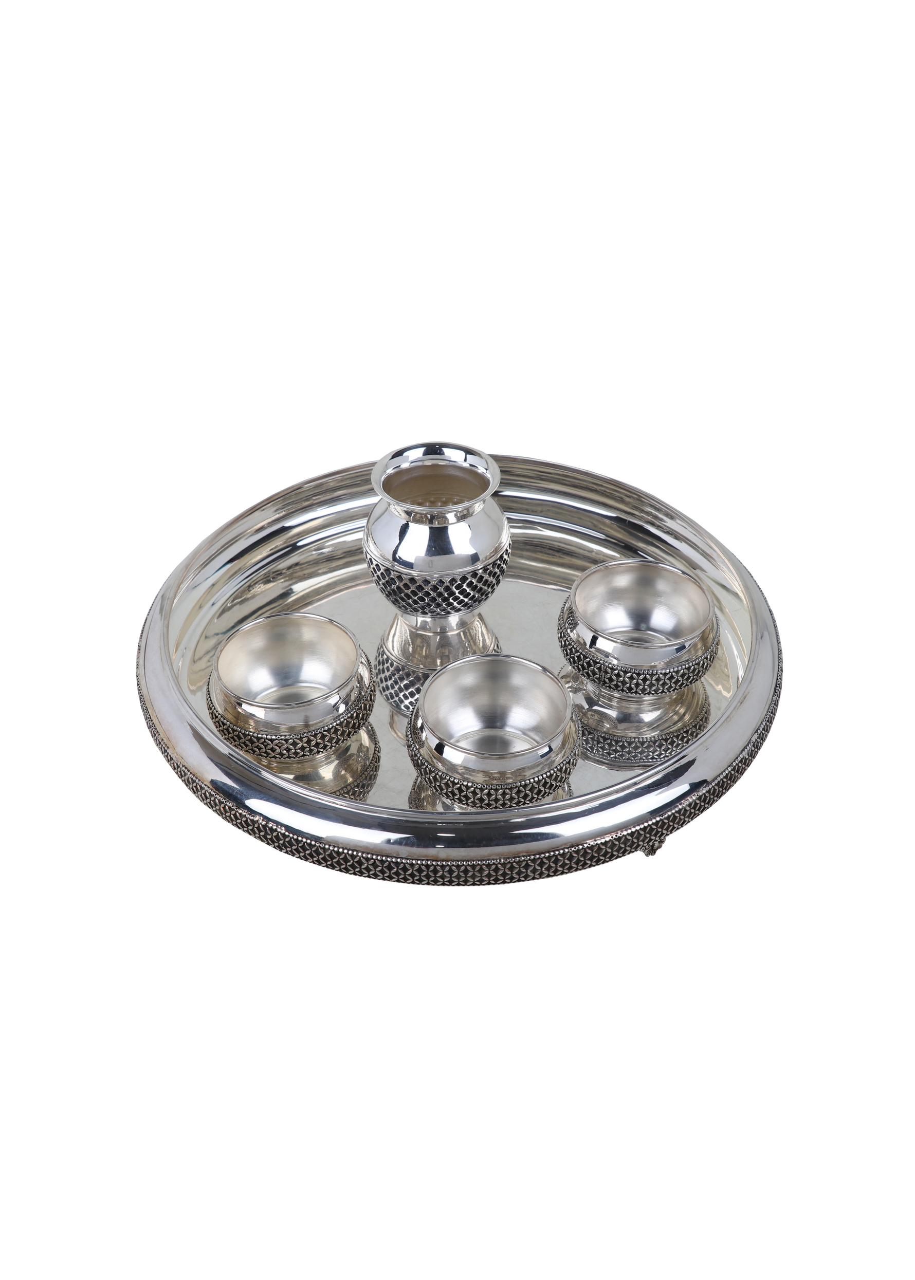 Round silver-plated pooja thali tray with kalash and four small bowls