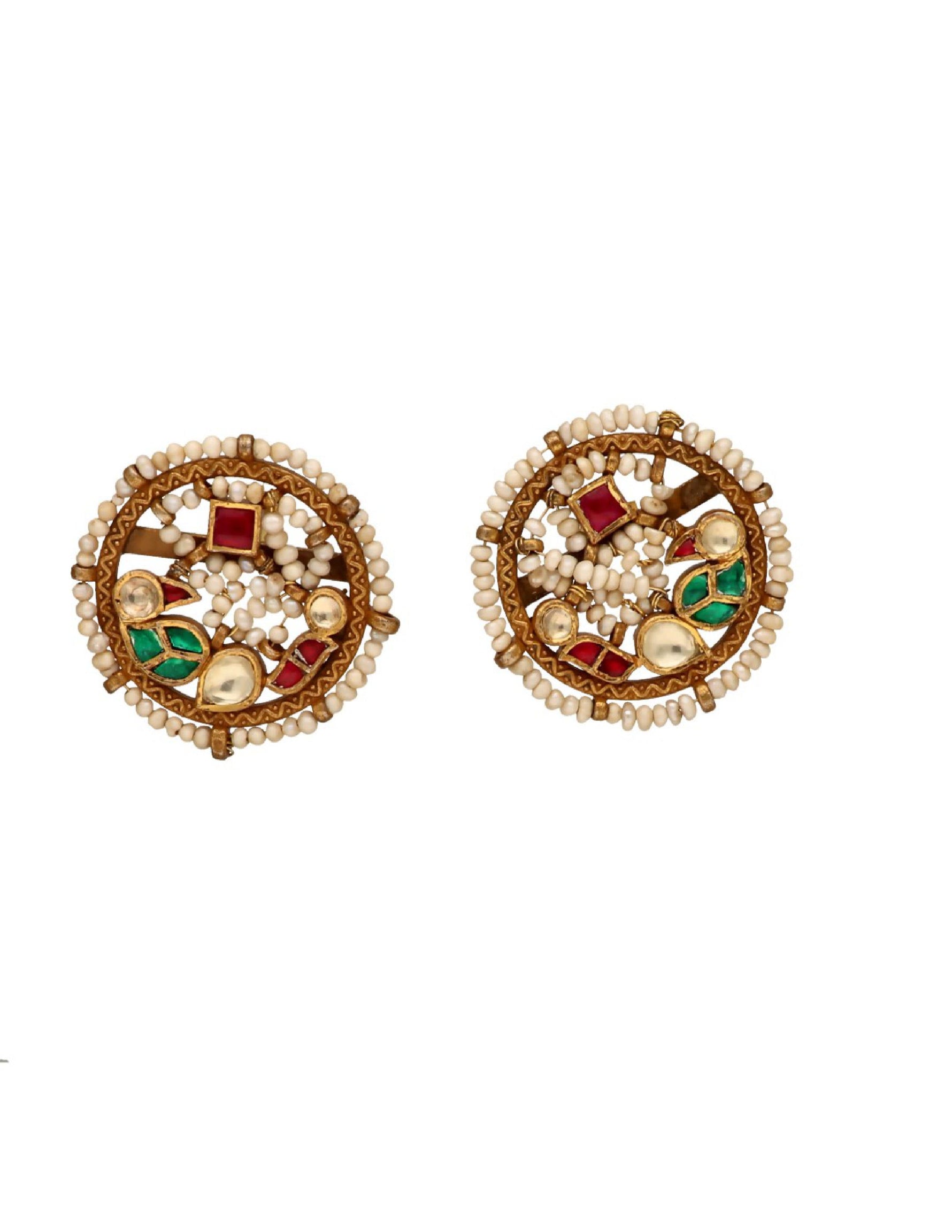 Pair of decorative silver earrings with pearls and gemstones.