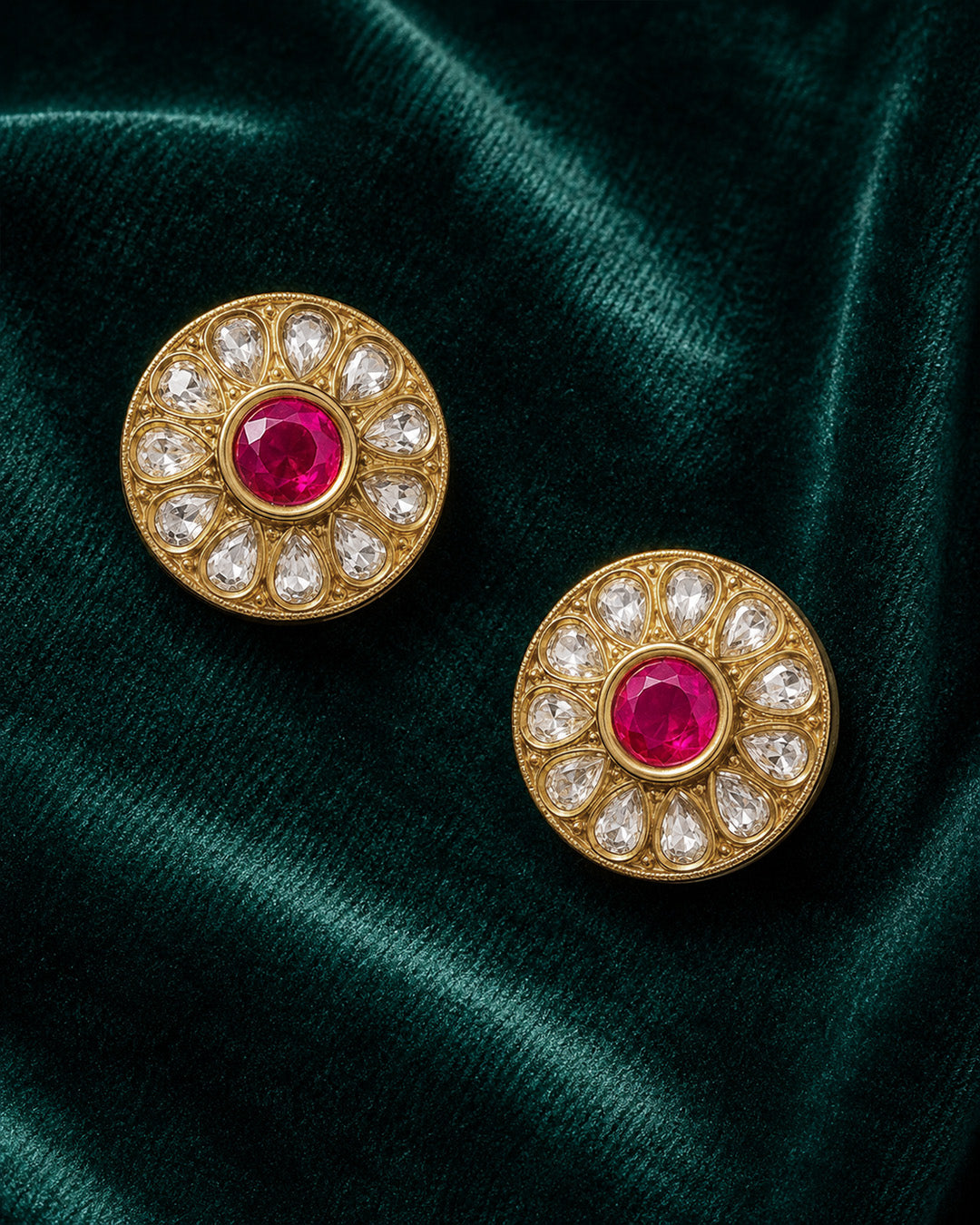 Designer silver earrings for women in round floral stud style with pink stone and crystal accents.