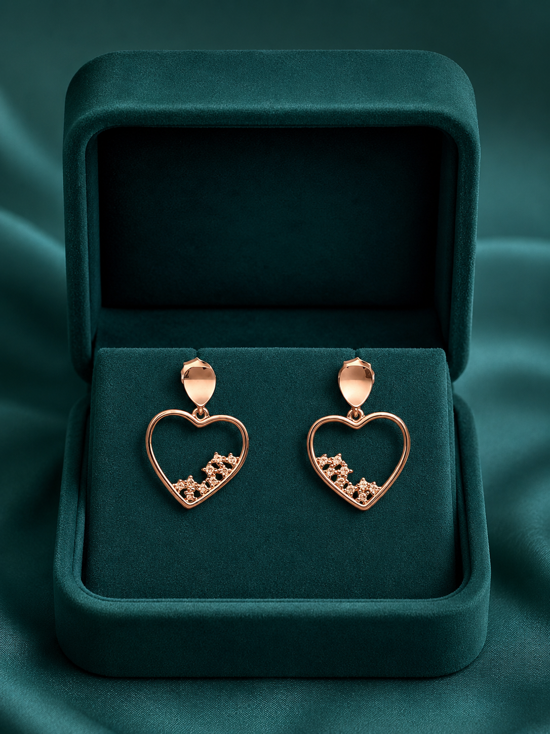 Designer silver earrings with open-heart drops and decorative stone accents along the lower edge.