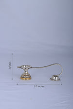 Silver-plated aarti diya oil lamp with 5.7 in length and 2 in height