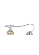 Silver-plated aarti diya oil lamp with two cups and curved handle