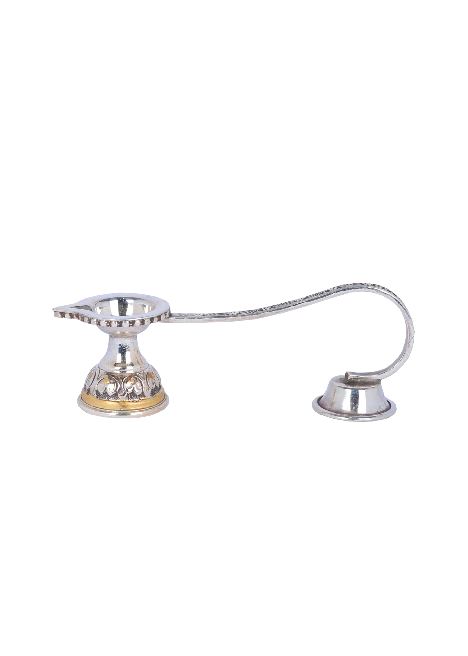 Silver-plated aarti diya oil lamp with two cups and curved handle