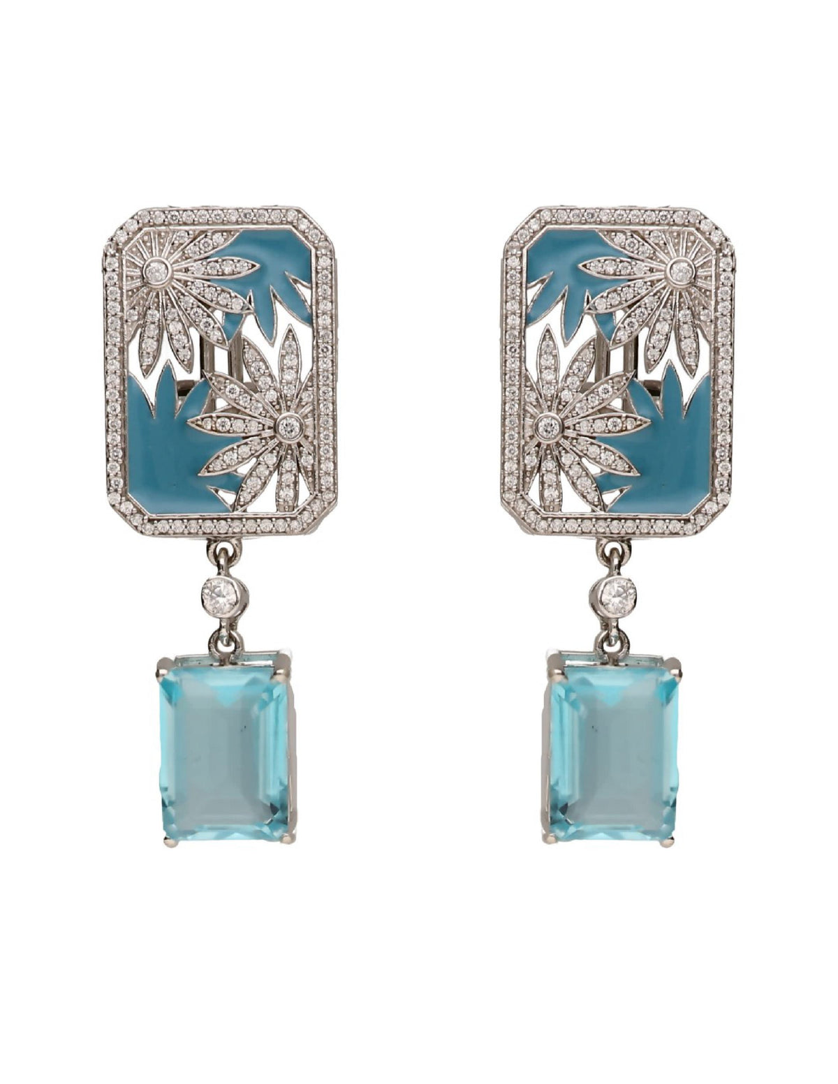 Blue enamel silver earrings for women with floral detailing and rectangular aqua stone drops.