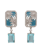 Blue enamel silver earrings for women with floral detailing and rectangular aqua stone drops.
