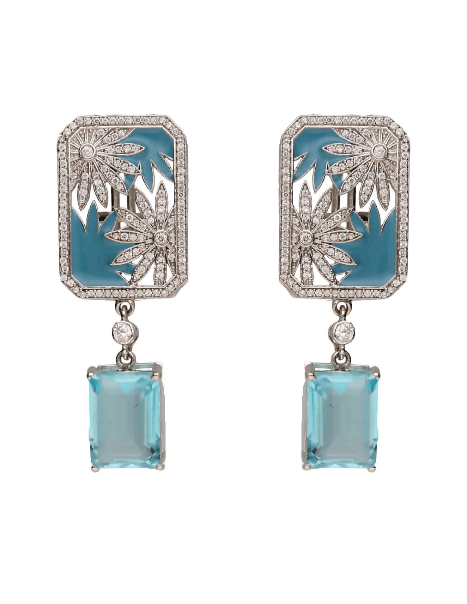 Blue enamel silver earrings for women with floral detailing and rectangular aqua stone drops.