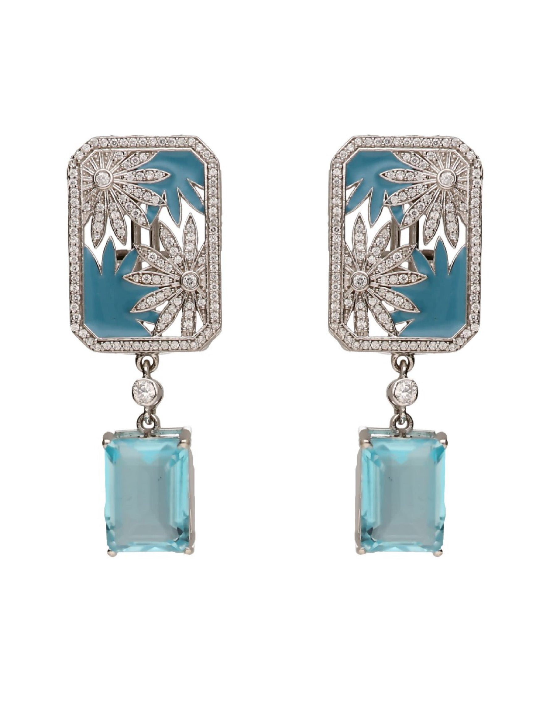 Blue enamel silver earrings for women with floral detailing and rectangular aqua stone drops.