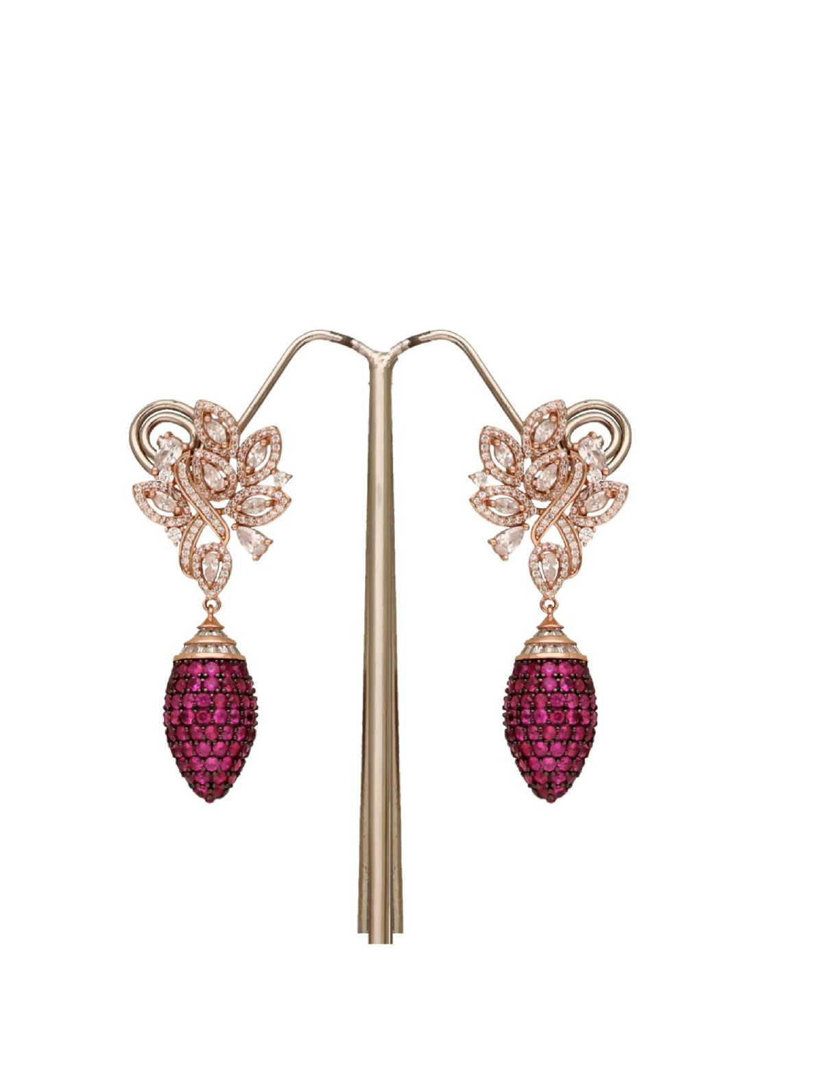 Floral silver drop earrings with sparkling crystals and deep pink stone drops