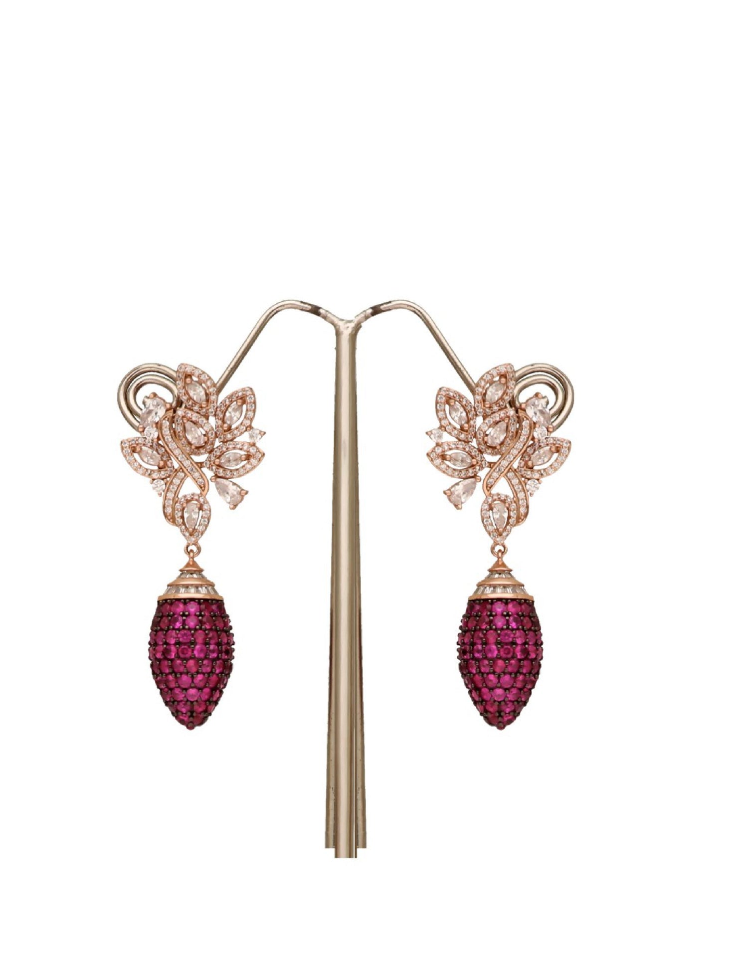 Floral silver drop earrings with sparkling crystals and deep pink stone drops