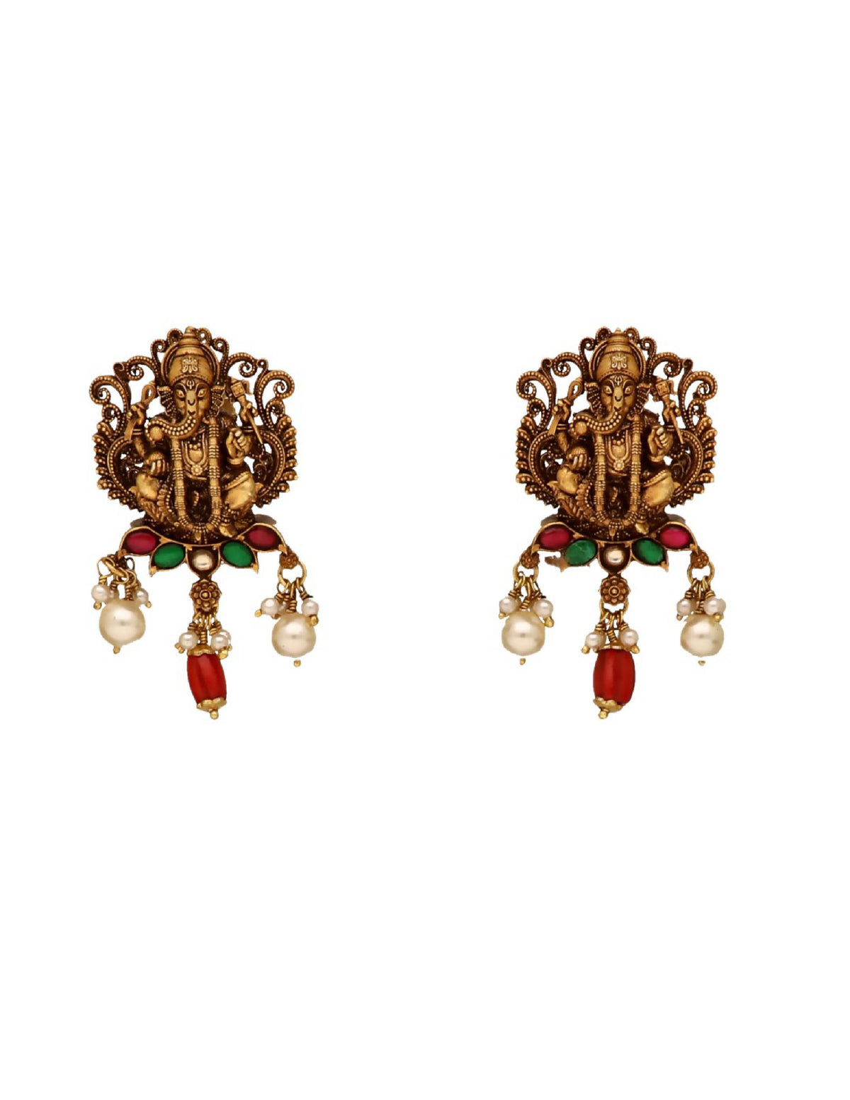 Lord Ganesha design silver earrings with pearl drops and colourful stones.