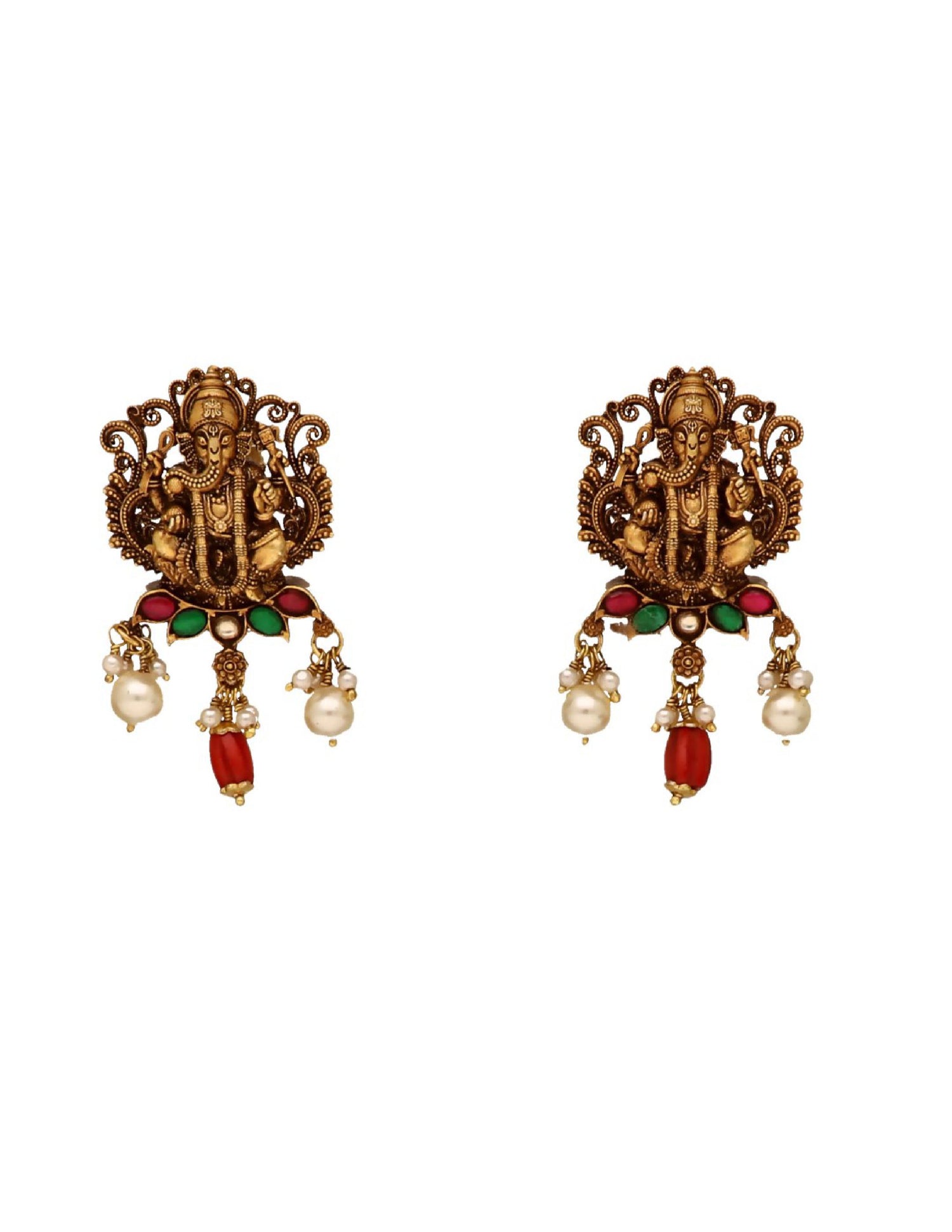 Lord Ganesha design silver earrings with pearl drops and colourful stones.