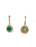 Green stone silver drop earrings with an ornate gold finish and crystal-studded border by Argentum Arts.