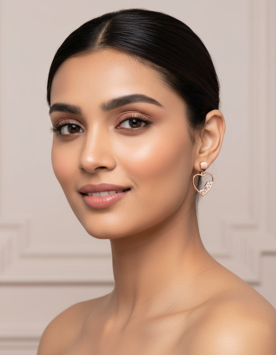 Heart-shaped silver drop earrings for women featuring a polished rose-gold finish and delicate crystals.