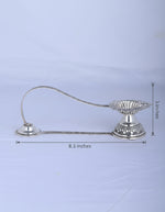 Silver aarti diya lamp with long handle, lotus-petal wick holder, single cup
