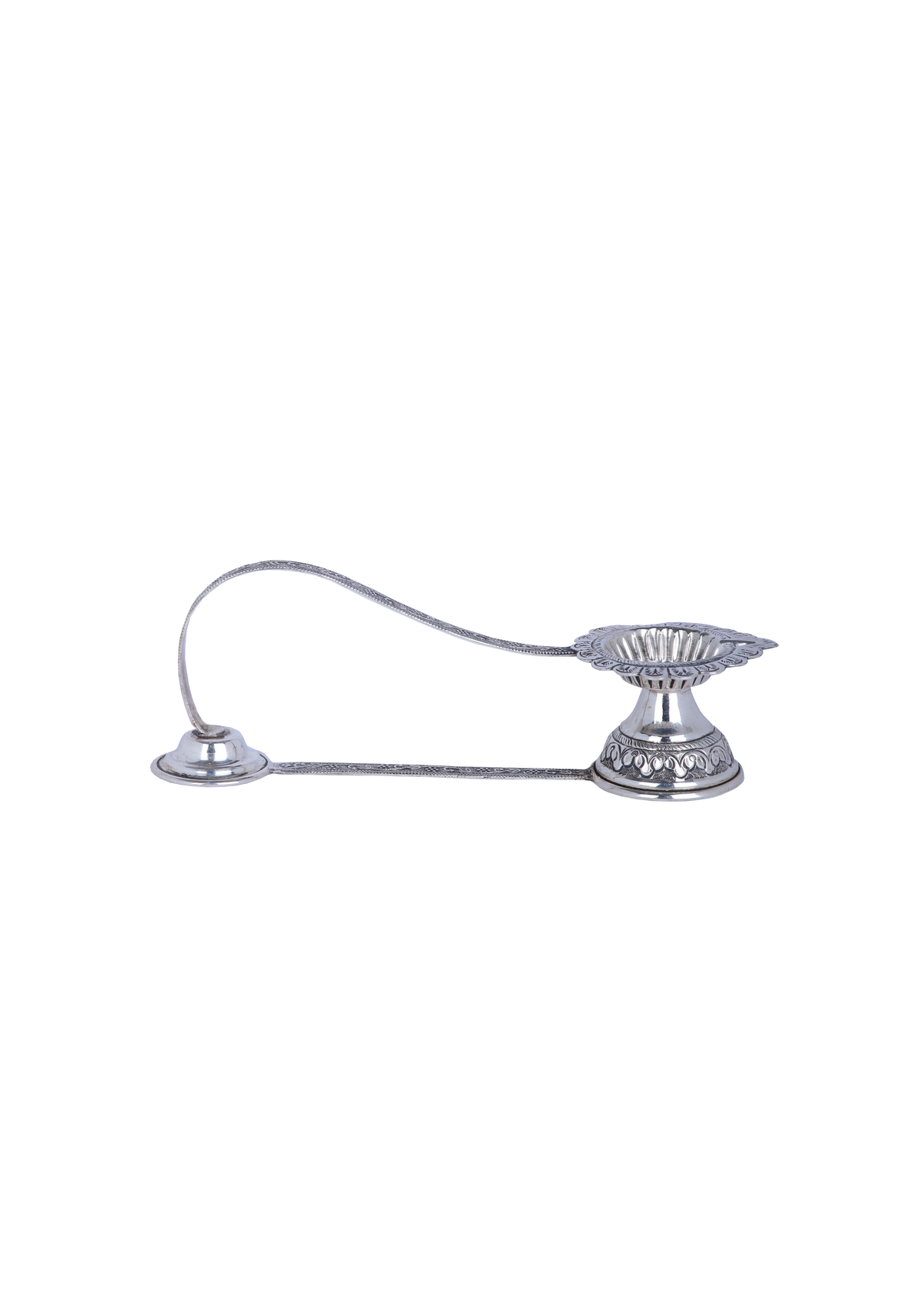 Silver candle holder with a long arm on a white background